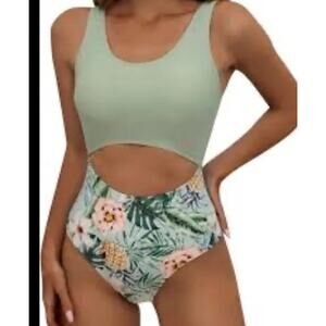 NWOT SHEIN SWIMSUIT Small Tropical Print Cut Out One Piece Monokini Green Pink
